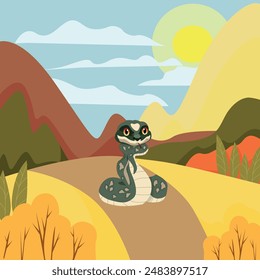 Vector image of a snake sitting on a forest path. Autumn forest and mountainsVector image of a snake sitting on a forest path. Autumn forest and mountains.