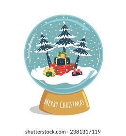 Vector image of a snow globe with gifts.