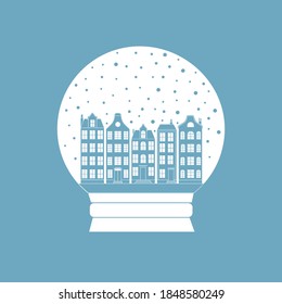 Imagen vectorial de un globo de nieve. Ciudad cubierta de nieve en un globo de nieve. Imagen monocroma en un esquema de color azul. Plantilla para tarjetas de felicitación. Ilustración plana.