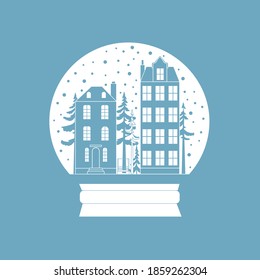 Vector image of a snow globe. Snow-covered city in a snow globe. Monochrome image in a blue color scheme. Template for greeting cards. Flat illustration.