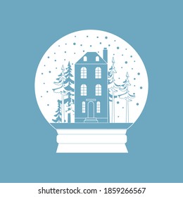 Vector image of a snow globe. Snow-covered city in a snow globe. Monochrome image in a blue color scheme. Template for greeting cards. Flat illustration.