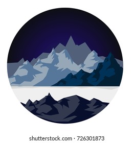 Vector image. Snow mountains with a lake. Quiet and peaceful place for outdoor recreation.
