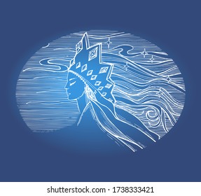 Vector image of a snow queen on a blue background in a round frame.