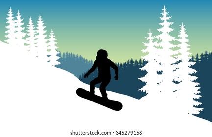 Vector Image snowboarder in a helmet with a hillside coming down at speed while standing on the board. Winter sport. Jumping snowboarder during descent. Safety.