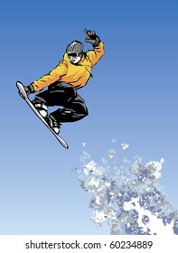 Vector image of snowboarder jumping through air with blue sky in background