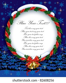 Vector image of the snowbound Xmas green holly wreath with a red ribbon and gold bells on the blue background