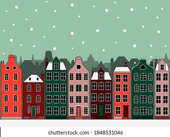 Vector image of a snow-covered city. Seamless image. Winter atmosphere of the city. Flat illustration.