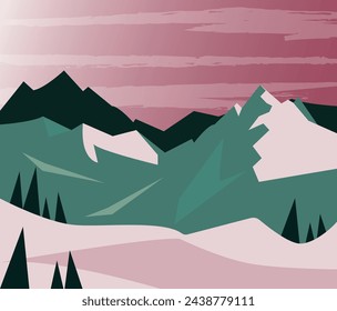 Vector image of snow-covered mountain ranges. Forest and mountains in winter for travelers.