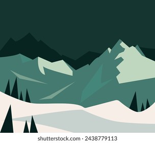 Vector image of snow-covered mountain ranges. Forest and mountains in winter for travelers.