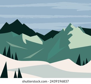 Vektorgrafik von schneebedeckten Bergketten. Wald und Berge im Winter für Reisende.