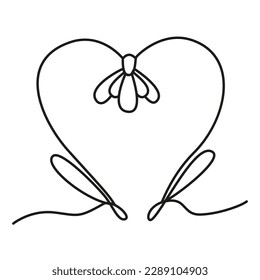 Vector image of a snowdrop in the power of line art. Seamless illustration of delicate snowdrops in the heart. The concept of wedding and first love