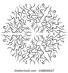 Vector image of snowflake in hand drawing style. Isolated black snowflake on a white background. Curved abstract lines for background, texture.