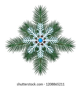 Vector image of a snowflake on a branch of spruce.