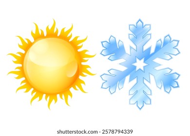 Vector image of snowflake and sun in cartoon style. Weather forecast of heat or cold. Element for your design.