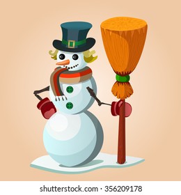 Vector image of a snowman with a broom