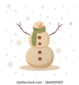 
Vector image of an snowman with a green scarf. Snow on the background. Winter mood.