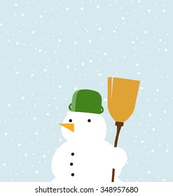 Vector image of the snowman holding a broom and standing outdoor on the winter snowy day.