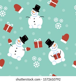 Vector image of snowmen with different emotions, gift, mitt and snowflakes seamless pattern background