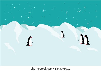 vector image. snowy landscape with penguins