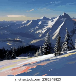 
Vector image. Snowy ski landscape on a sunny day. Painting.