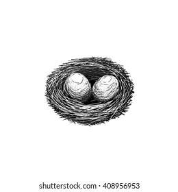 The vector image. Socket. Eggs and straw. Black and white symbol of new life. Easter