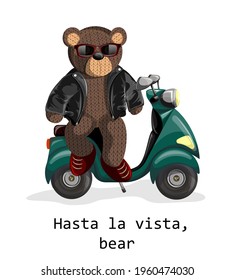 Vector image of a soft toy bear, depicted alive with a hint of humanity on an electric scooter wearing sun glasses and a leather jacket. Concept. EPS 10