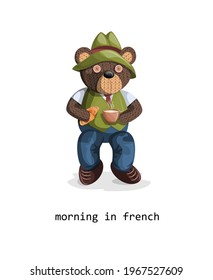 Vector image of a soft toy bear, depicted alive with a hint of humanity and aristacratic origin, wearing a hat with a cup of coffee and a croissant. Concept. EPS 10