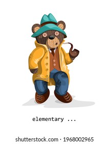 Vector image of a soft toy bear, depicted alive with a hint of humanity, with a smoking pipe in a hat and coat. Concept. EPS 10