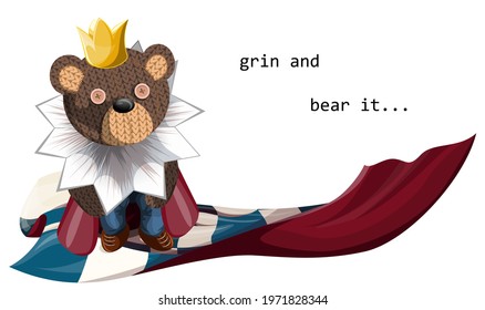 Vector image of a soft toy bear, depicted alive with a hint of humanity, standing on a distorted chessboard in royal robes with the inscription. Concept. EPS 10