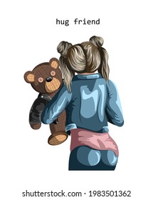 Vector image of a soft toy bear held by a young girl with her back to the viewer. Concept. EPS 10