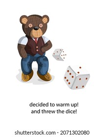 Vector image of a soft toy bear, depicted alive with a touch of humanity. Throwing the dice. Concept. EPS 10
