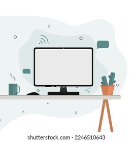 Vector image of a software specialist's workplace. A computer with a white screen standing on a table