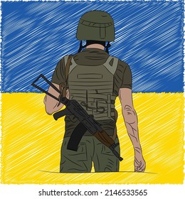 Vector image of a soldier in a cash register and body armor with an AK-47, against the background of the Ukrainian flag. Support Ukraine.