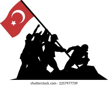 Vector image of soldiers sewing the Turkish flag, prepared and cleaned