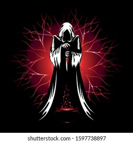 Vector Image Of A Sorcerer With A Knife And A Bowl Of Potion. The Sorcerer Conducts A Ritual.