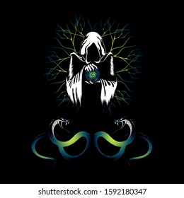 Vector image of a sorcerer with snakes. The sorcerer holds a magic ball in his hands. Image on a background of lightning.