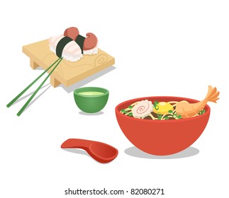 vector image of soup and sushi
