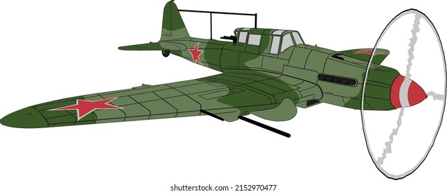 Imagen vectorial de la aeronave soviética de ataque IL-2 en color de camuflaje verde de la Segunda Guerra Mundial, vista frontal