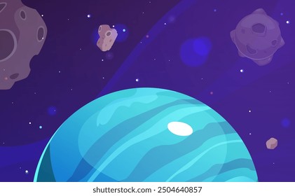 Vector image of a space background with a fantasy universe. A flat cartoon style showcases a blue planet with asteroids flying around it for the game's user interface.