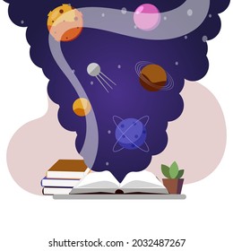 Vector image of space knowledge from books. Knowledge Day. Back to school