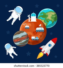 Vector image.  Space landscape. Rocket, cosmonaut, lunar rover,space station