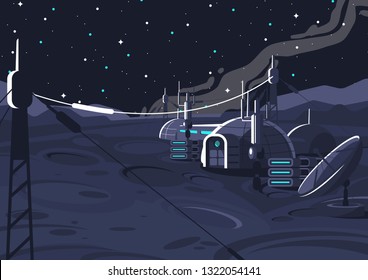 Vector Image Of The Space Lunar Orbital Station, Inhabited Capsule Module On The Moon, Communication With The Earth, Space House On The Satellite