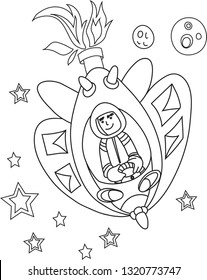 vector image of a space traveler, an astronaut with a rocket, a spaceship for children's creativity, books for coloring