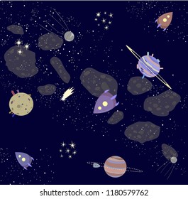 Vector image. Space wallpaper. Planets, stars, rockets and meteors. Night sky. Pattern of space. Falling star. Dark background. Journey through space. An unusual dream. Vanity and chaos
