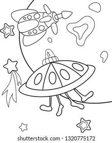 vector image of spaceships, rockets and planets for children's creativity, books for coloring