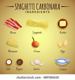 Vector image. Spaghetti Carbonara. Ingredients. The view from the top