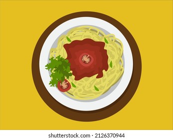 Vector image of spaghetti in a colored plate with tomatoes and celery and cabbage suitable for fast food and restaurant design