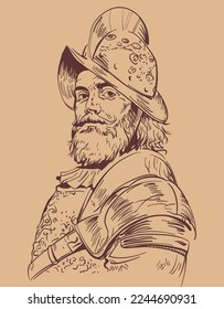 
Vector image Spanish conquistador with brown vintage background 