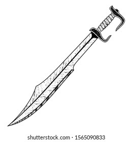 Vector image of Spartan sword. Sacred weapon of king Leonidas. Blade of a Greek warrior. Drawing for design. Grunge style. Black tattoo. Vector illustration.