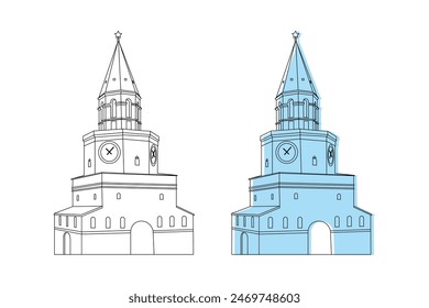 Vector image of the Spasskaya Tower in Kazan, Russia. Outline and silhouette.